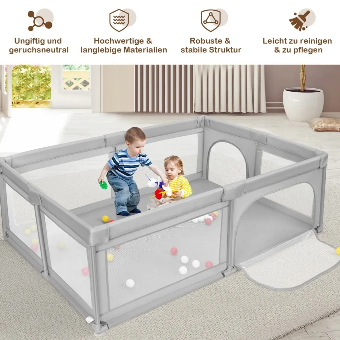 Laufgitter Baby Laufstall mit 50 Bällen & 2 Türen & Atmungsaktivem Netz 205 x 147 x 68 cm Grau