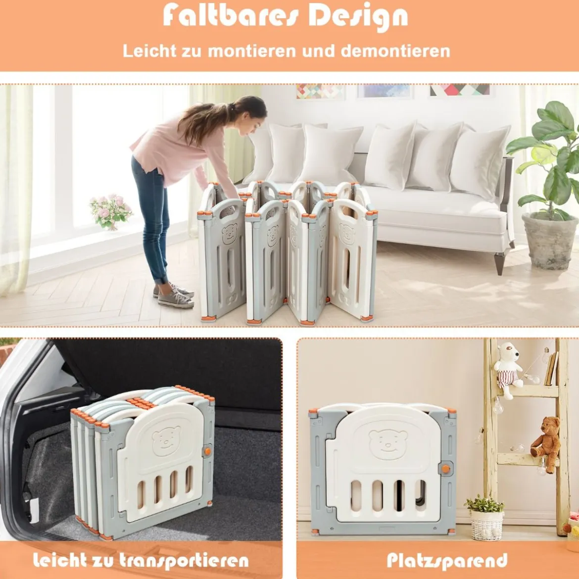 Laufgitter Faltbar Baby Krabbelgitter Absperrgitter Schutzgitter Beige und Grau