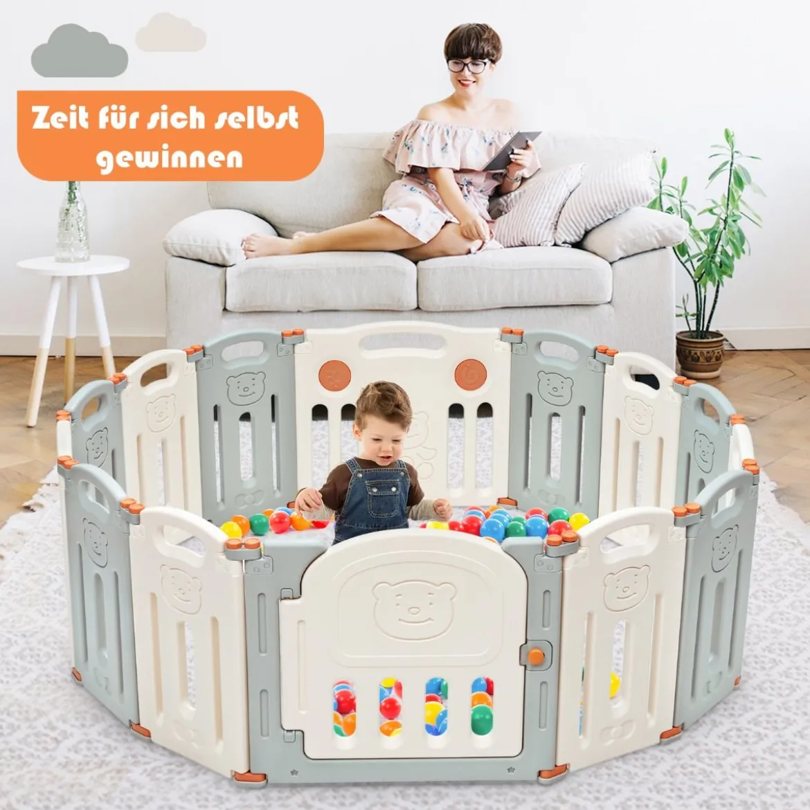 Laufgitter Faltbar Baby Krabbelgitter Absperrgitter Schutzgitter Beige und Grau
