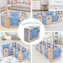 Laufgitter mit Tür und Spielzeugboard Baby Laufstall faltbar Absperrgitter aus Kunststoff Blau