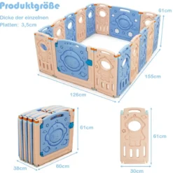Laufgitter mit Tür und Spielzeugboard Baby Laufstall faltbar Absperrgitter aus Kunststoff Blau