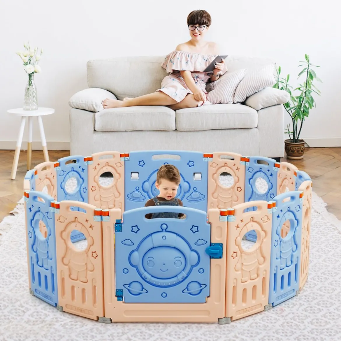 Laufgitter mit Tür und Spielzeugboard Baby Laufstall faltbar Absperrgitter aus Kunststoff Blau