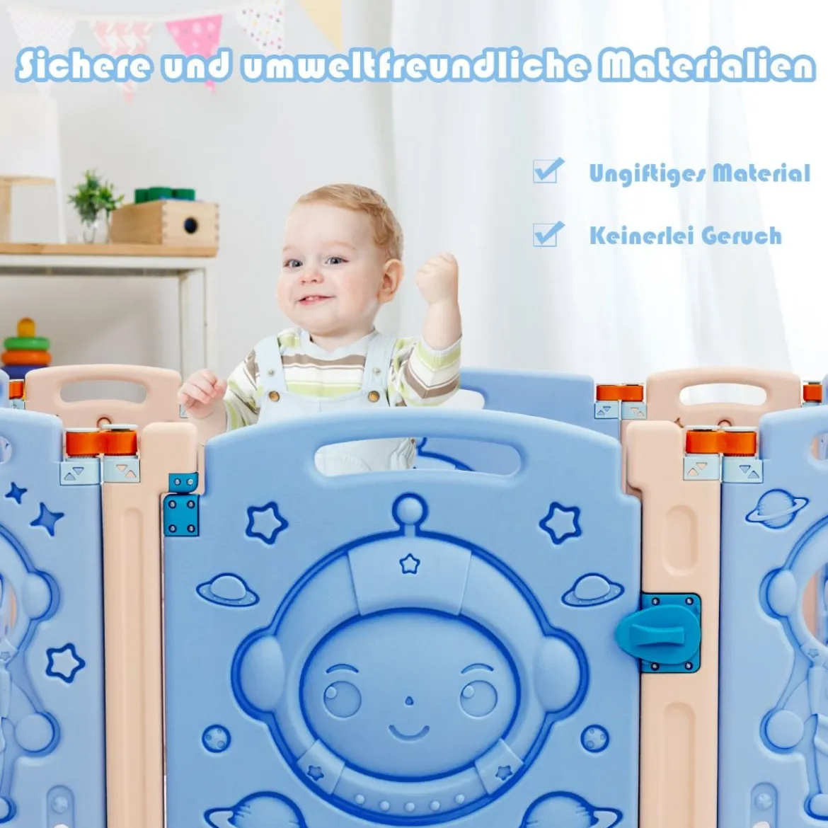 Laufgitter mit Tür und Spielzeugboard Baby Laufstall faltbar Absperrgitter aus Kunststoff Blau