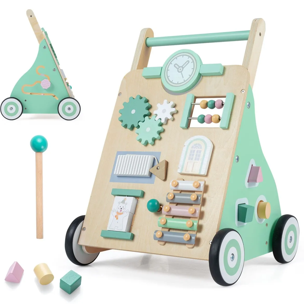 Lauflernwagen aus Holz Baby Walker mit Aktivitätszentrum & Räder Lauflernhilfe für Kinder ab 18 Monaten