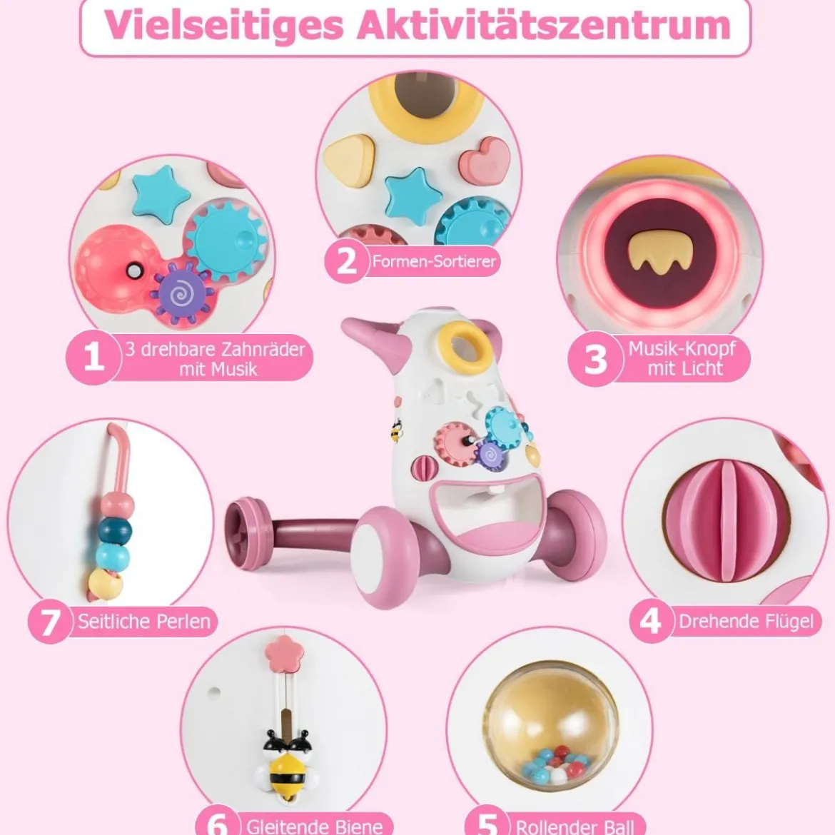 Lauflernwagen Baby Walker mit Musik & Licht Lauflernhilfe mit Formensortierer rotierende Zahnräder Rosa
