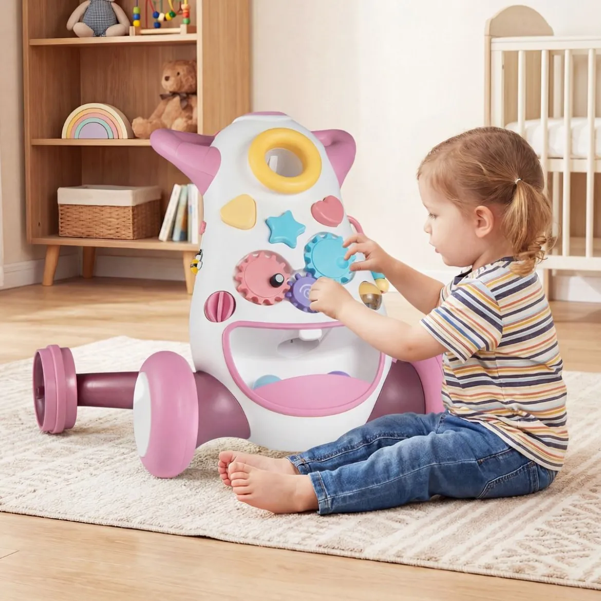 Lauflernwagen Baby Walker mit Musik & Licht Lauflernhilfe mit Formensortierer rotierende Zahnräder Rosa