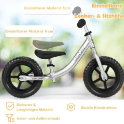 Laufrad mit verstellbarem Lenker & Sitz Balance Fahrrad ohne Pedal für 2-7 Jahre Jungen und Mädchen Silbern