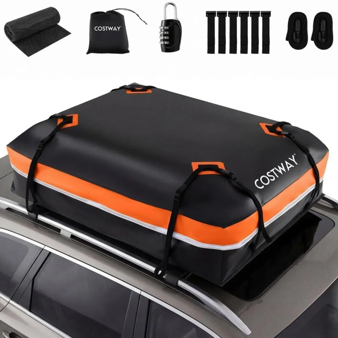 450L Auto Dachbox mit Anti-Rutsch-Matte & 6 Türhake & Schloss & Tragetasche Orange