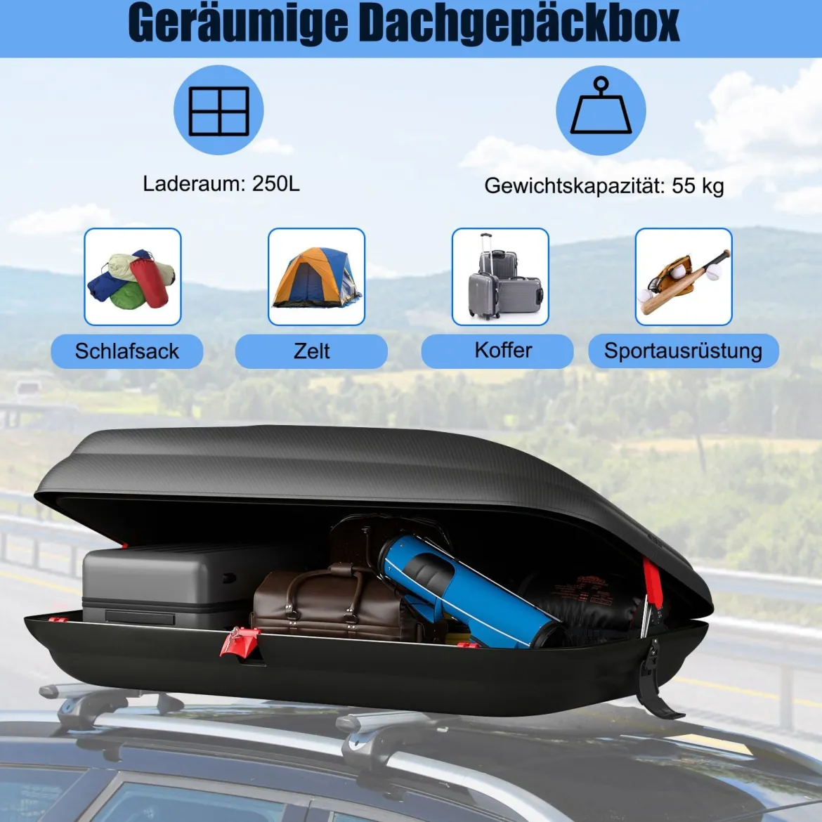 250L Auto Dachbox mit Zentralverriegelung & Schlüsseln & Gurten Abschießbarer Dachkoffer