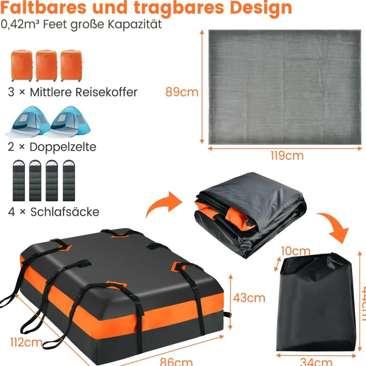 420 L Dachbox für Auto mit Zahlenschloss & 6 Türhaken & Anti-Rutsch-Matte Wasserdichter Dachkoffer