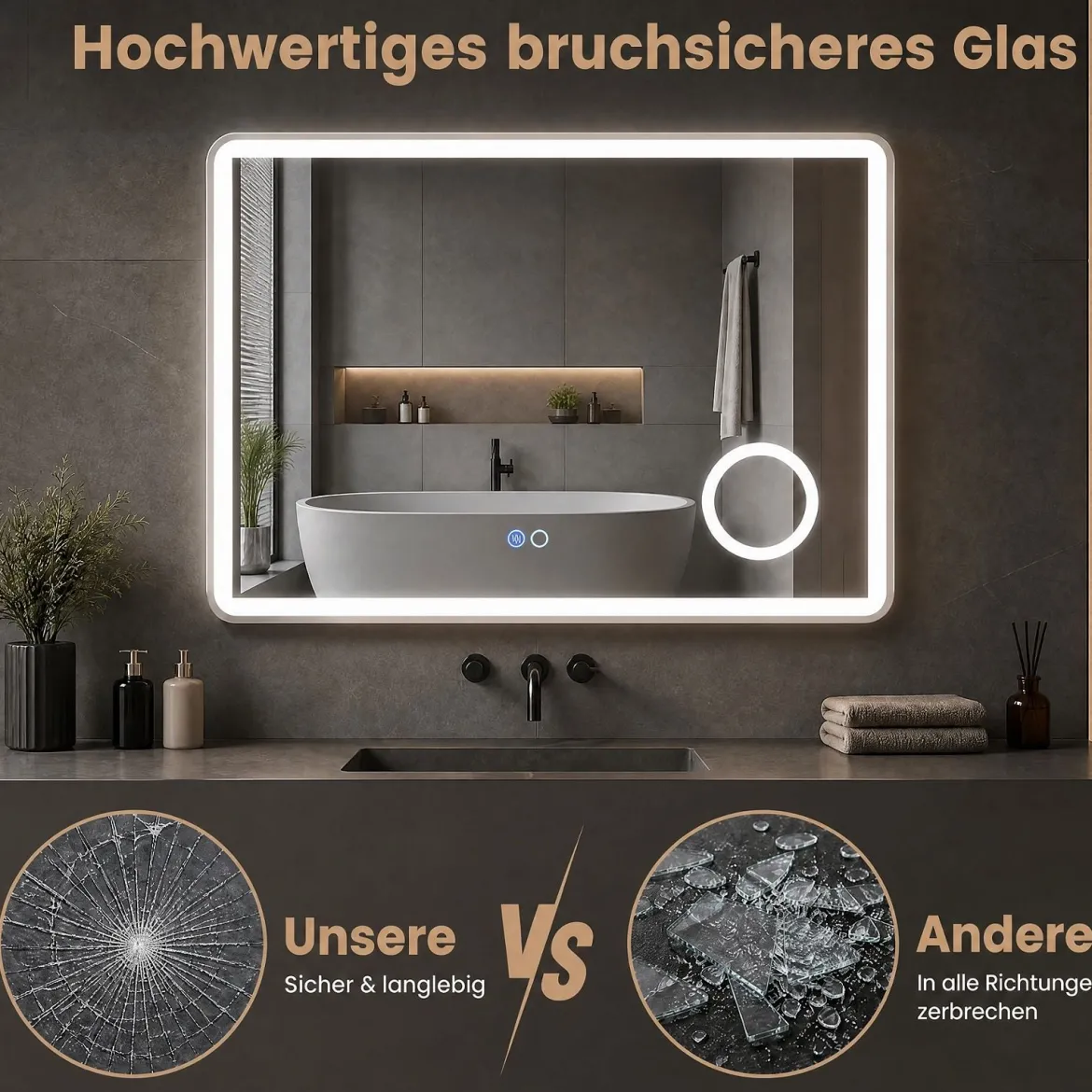 LED Badezimmerspiegel mit Beleuchtung & Integrierter 3‑fach Vergrößerungsspiegel 80 x 60 cm