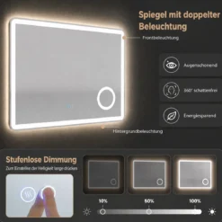 LED Badezimmerspiegel mit Beleuchtung & Integrierter 3‑fach Vergrößerungsspiegel 80 x 60 cm