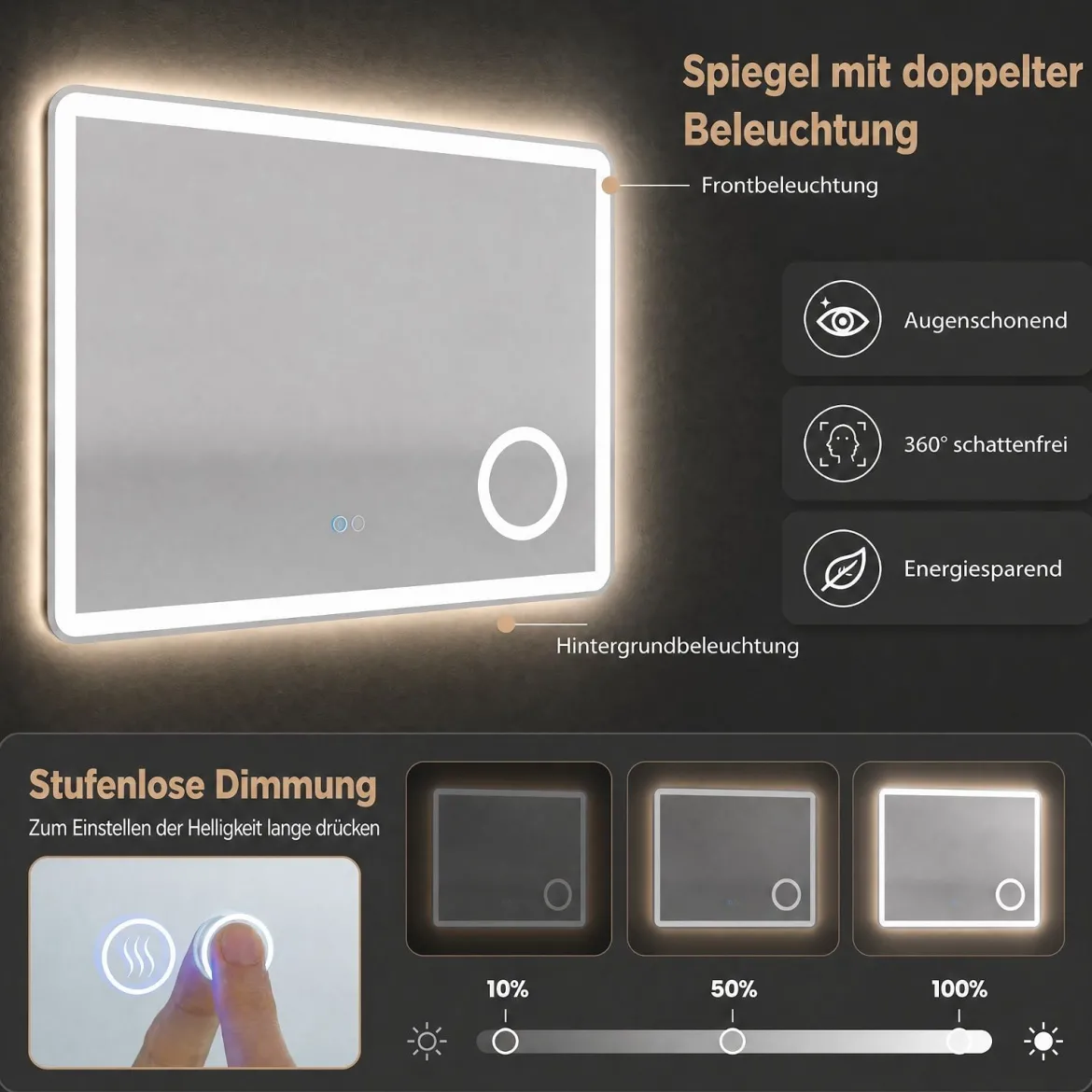 LED Badezimmerspiegel mit Beleuchtung & Integrierter 3‑fach Vergrößerungsspiegel 80 x 60 cm