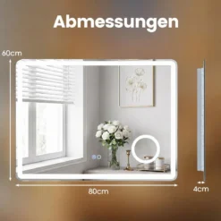 LED Badezimmerspiegel mit Beleuchtung & Integrierter 3‑fach Vergrößerungsspiegel 80 x 60 cm