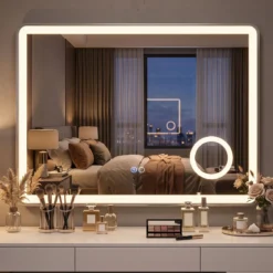 LED Badezimmerspiegel mit Beleuchtung & Integrierter 3‑fach Vergrößerungsspiegel 80 x 60 cm