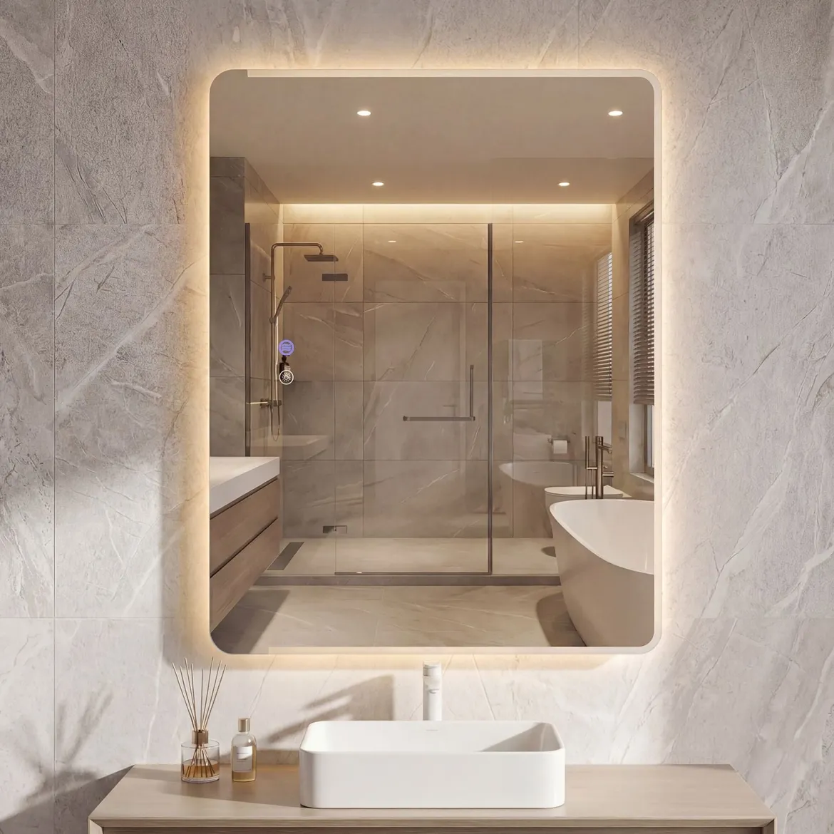 LED Badezimmer Spiegel mit 3-farbigen Lichtern & Antibeschlag Wandspiegel Schminkspiegel 80 x 60 cm