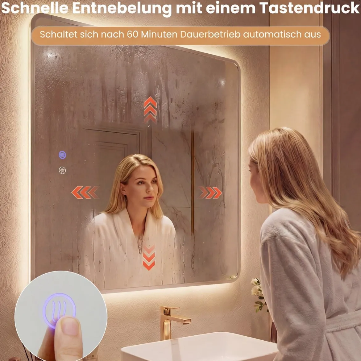 LED Badezimmer Spiegel mit 3-farbigen Lichtern & Antibeschlag Wandspiegel Schminkspiegel 80 x 60 cm