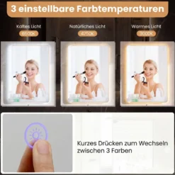 LED Badezimmer Spiegel mit 3-farbigen Lichtern & Antibeschlag Wandspiegel Schminkspiegel 80 x 60 cm