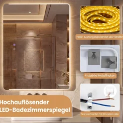 LED Badezimmer Spiegel mit 3-farbigen Lichtern & Antibeschlag Wandspiegel Schminkspiegel 80 x 60 cm