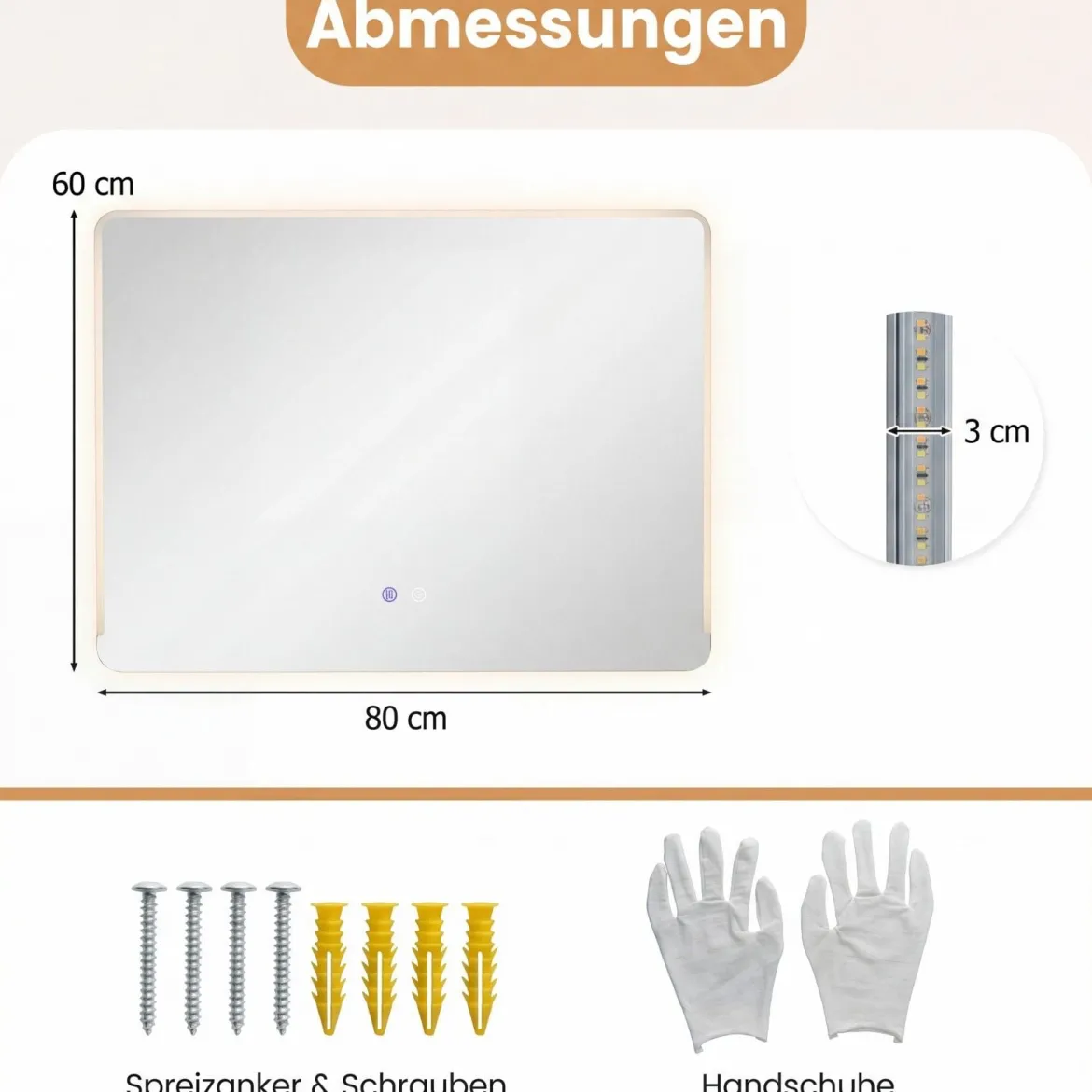 LED Badezimmer Spiegel mit 3-farbigen Lichtern & Antibeschlag Wandspiegel Schminkspiegel 80 x 60 cm