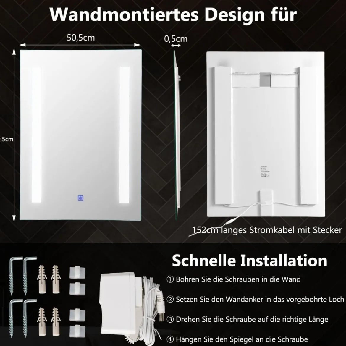 LED-Badezimmerspiegel Wandmontierbarer Kosmetikspiegel 70 x 50 cm