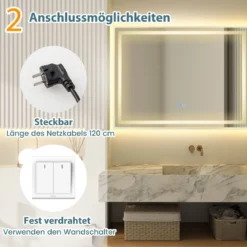 LED Badspiegel mit Beleuchtung 80 x 60 cm Badezimmerspiegel Anti-Beschlag Rechteckig