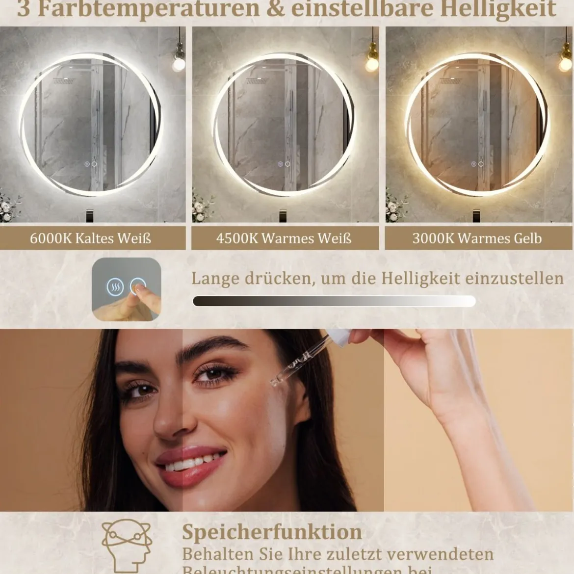 LED Badspiegel mit Beleuchtung 60cm runder Badezimmerspiegel Anti-Beschlag Oval
