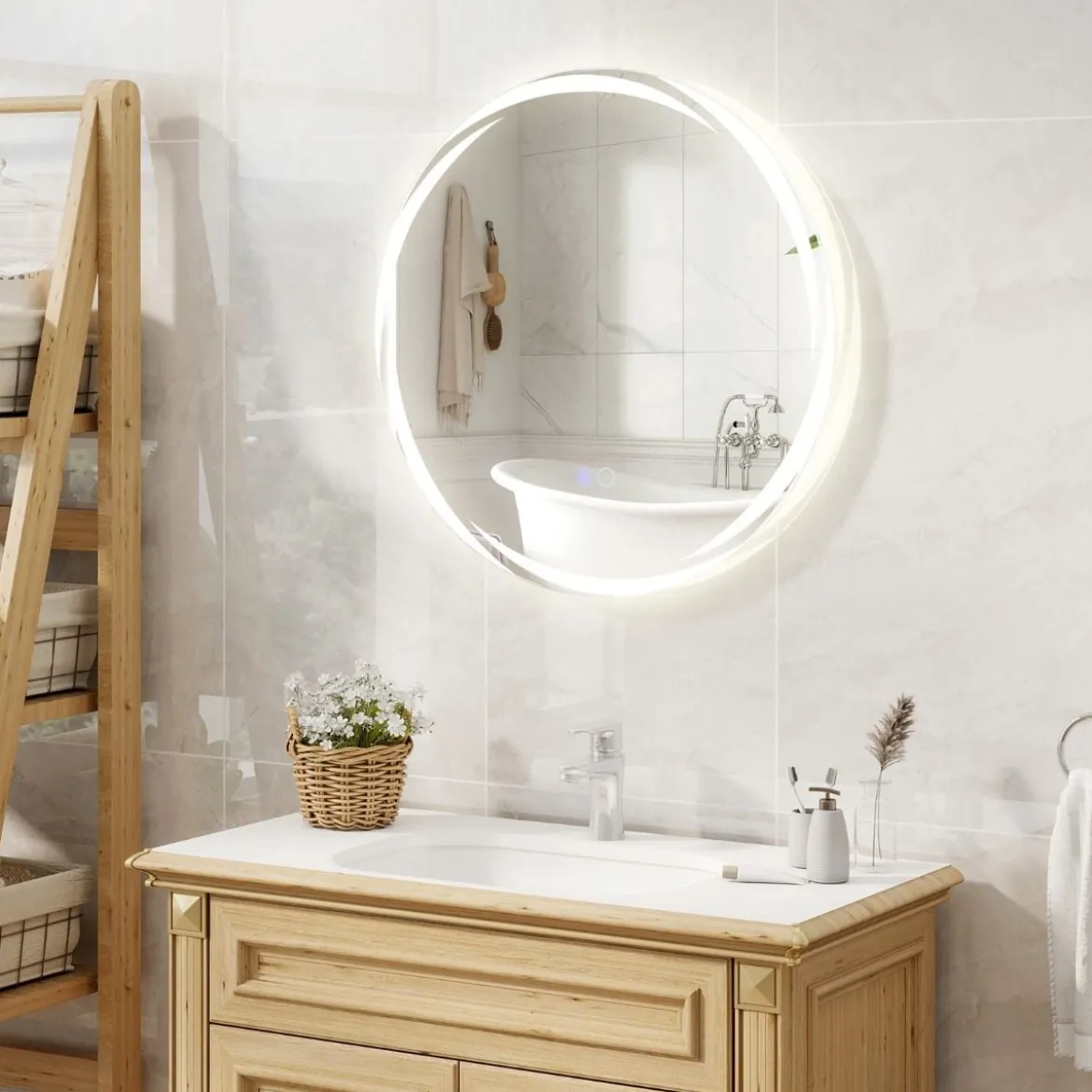 LED Badspiegel mit Beleuchtung 60cm runder Badezimmerspiegel Anti-Beschlag Oval