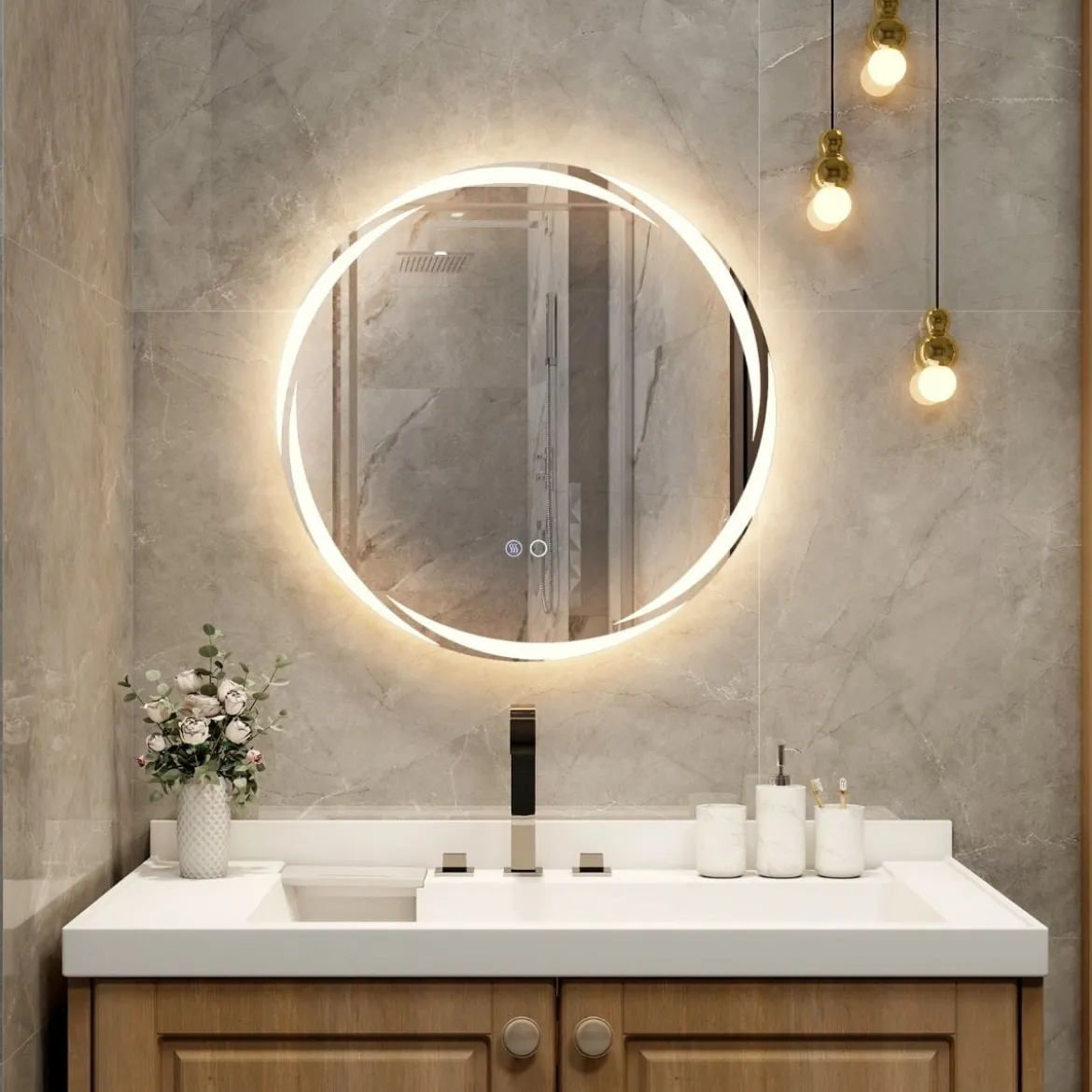 LED Badspiegel mit Beleuchtung 60cm runder Badezimmerspiegel Anti-Beschlag Oval