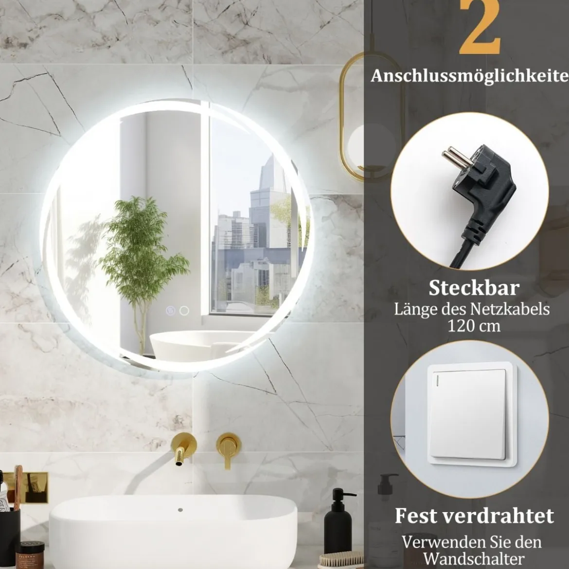 LED Badspiegel mit Beleuchtung 60cm runder Badezimmerspiegel Anti-Beschlag Oval