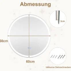 LED Badspiegel mit Beleuchtung 60cm runder Anti-Beschlag Badezimmerspiegel Silber