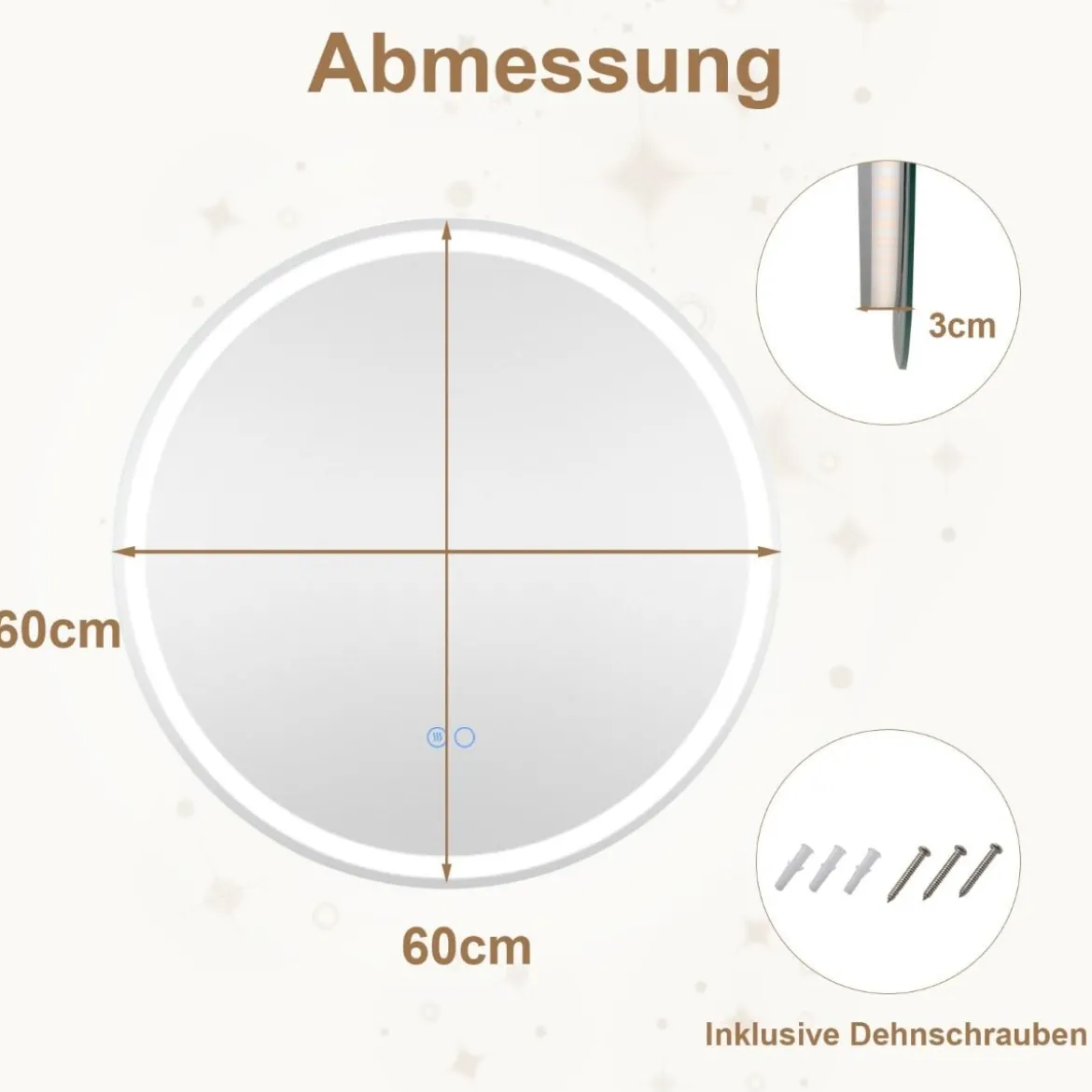 LED Badspiegel mit Beleuchtung 60cm runder Anti-Beschlag Badezimmerspiegel Silber