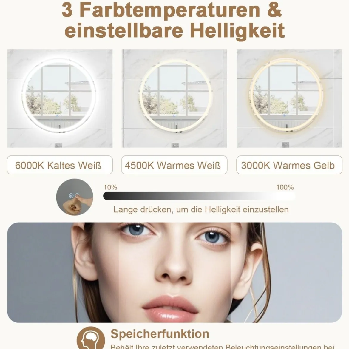 LED Badspiegel mit Beleuchtung 60cm runder Anti-Beschlag Badezimmerspiegel Silber