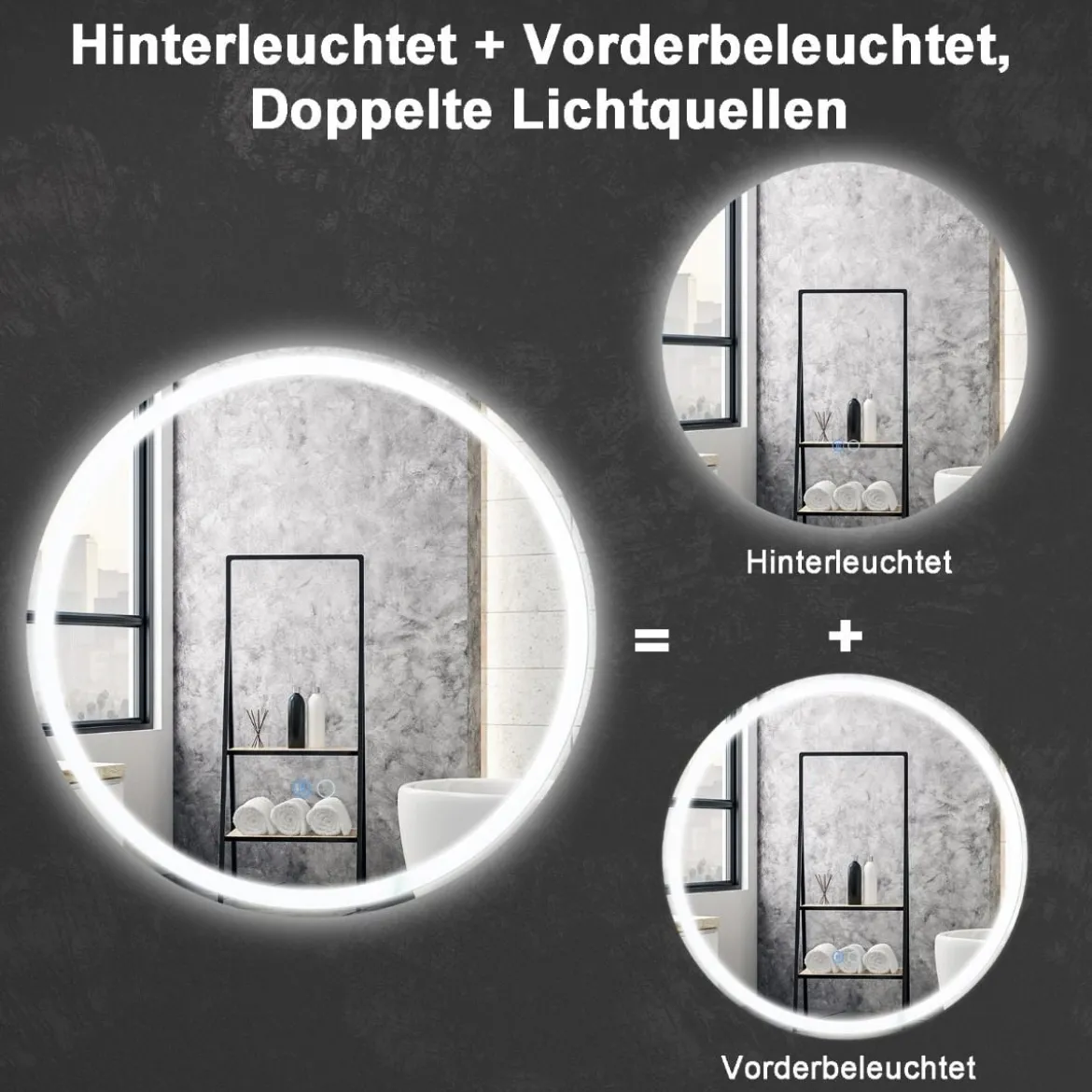 LED Badspiegel mit Beleuchtung 60cm runder Anti-Beschlag Badezimmerspiegel Silber
