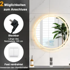 LED Badspiegel mit Beleuchtung 60cm runder Anti-Beschlag Badezimmerspiegel Silber