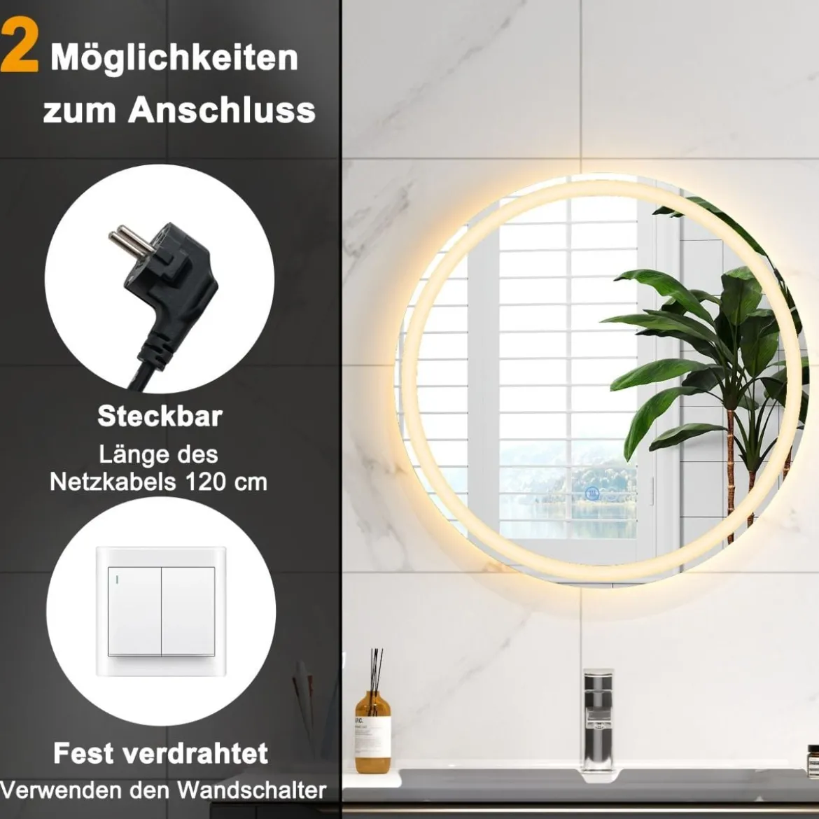 LED Badspiegel mit Beleuchtung 60cm runder Anti-Beschlag Badezimmerspiegel Silber