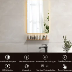 LED Badspiegel mit Beleuchtung & Touch Schalter & Memory Funktion Wandspiegel 70 x 50 cm