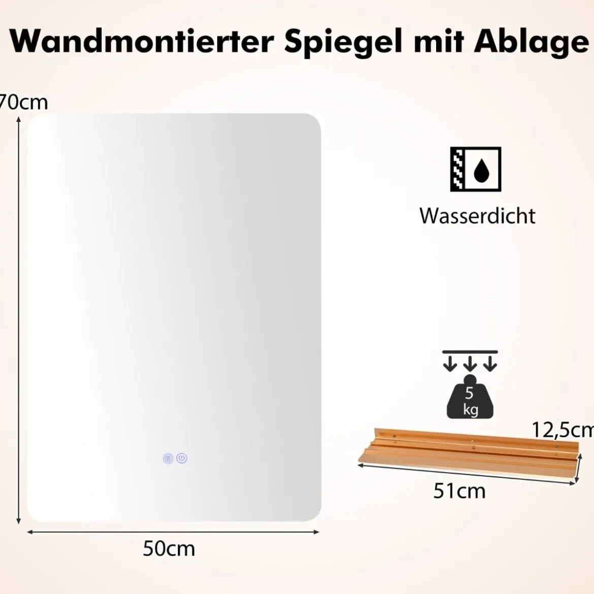 LED Badspiegel mit Beleuchtung & Touch Schalter & Memory Funktion Wandspiegel 70 x 50 cm