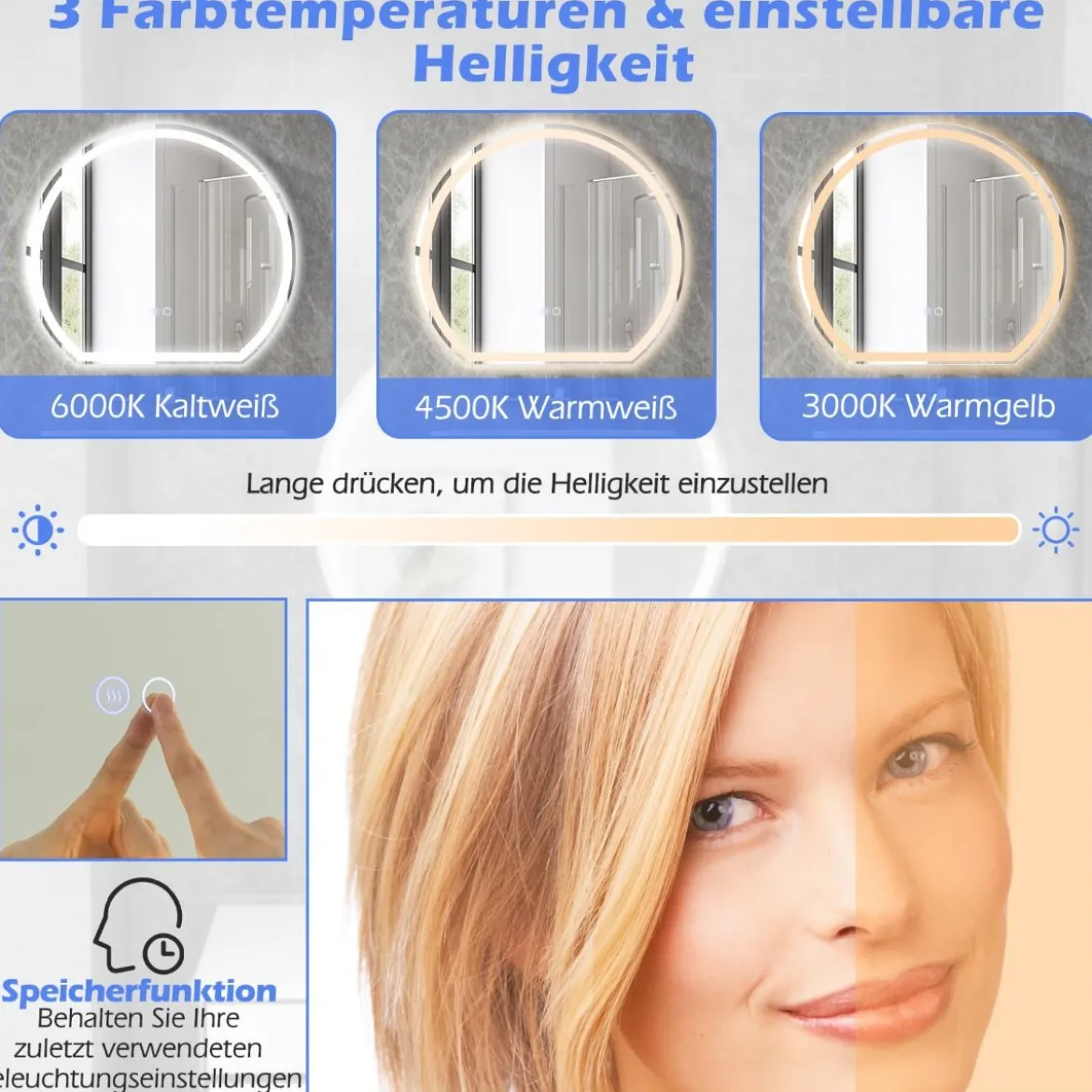 LED Badspiegel mit Beleuchtung Anti-Beschlag Badezimmerspiegel Wandspiegel dimmbar mit Touch-Schalter Silber