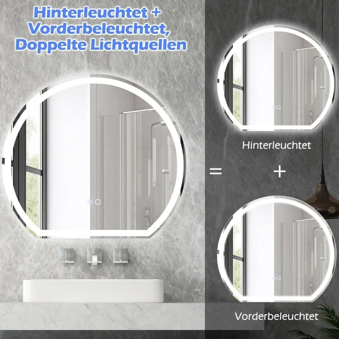 LED Badspiegel mit Beleuchtung Anti-Beschlag Badezimmerspiegel Wandspiegel dimmbar mit Touch-Schalter Silber