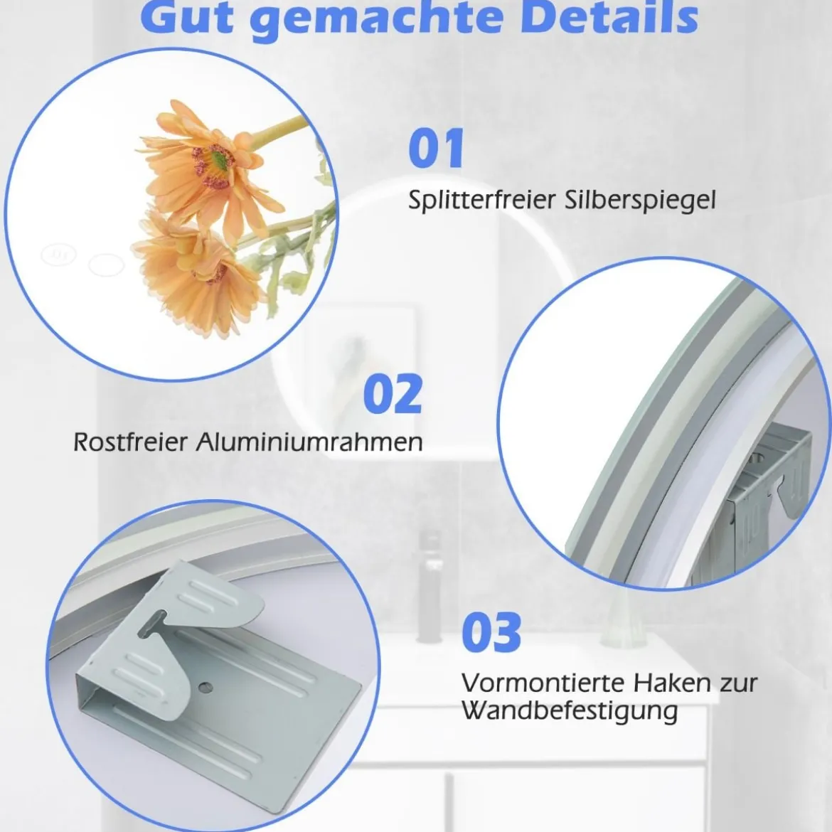 LED Badspiegel mit Beleuchtung Anti-Beschlag Badezimmerspiegel Wandspiegel dimmbar mit Touch-Schalter Silber