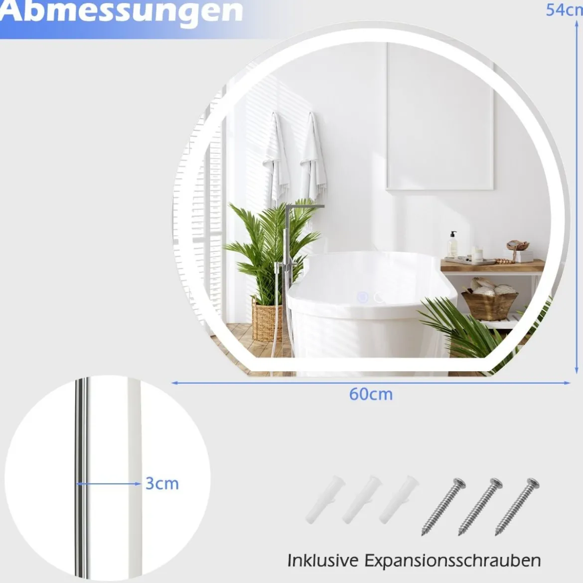 LED Badspiegel mit Beleuchtung Anti-Beschlag Badezimmerspiegel Wandspiegel dimmbar mit Touch-Schalter Silber