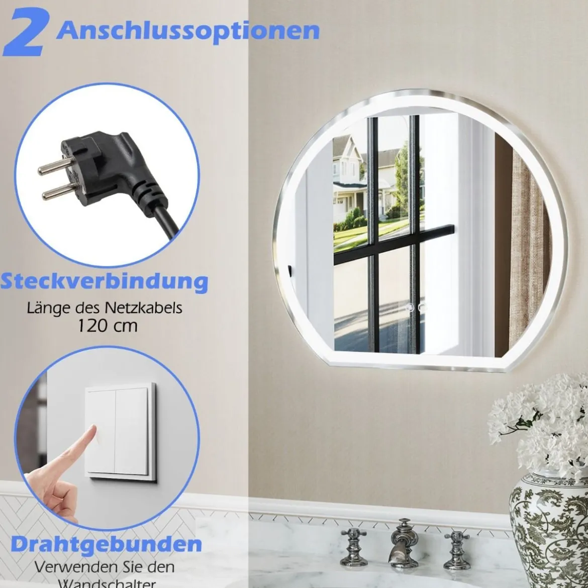 LED Badspiegel mit Beleuchtung Anti-Beschlag Badezimmerspiegel Wandspiegel dimmbar mit Touch-Schalter Silber