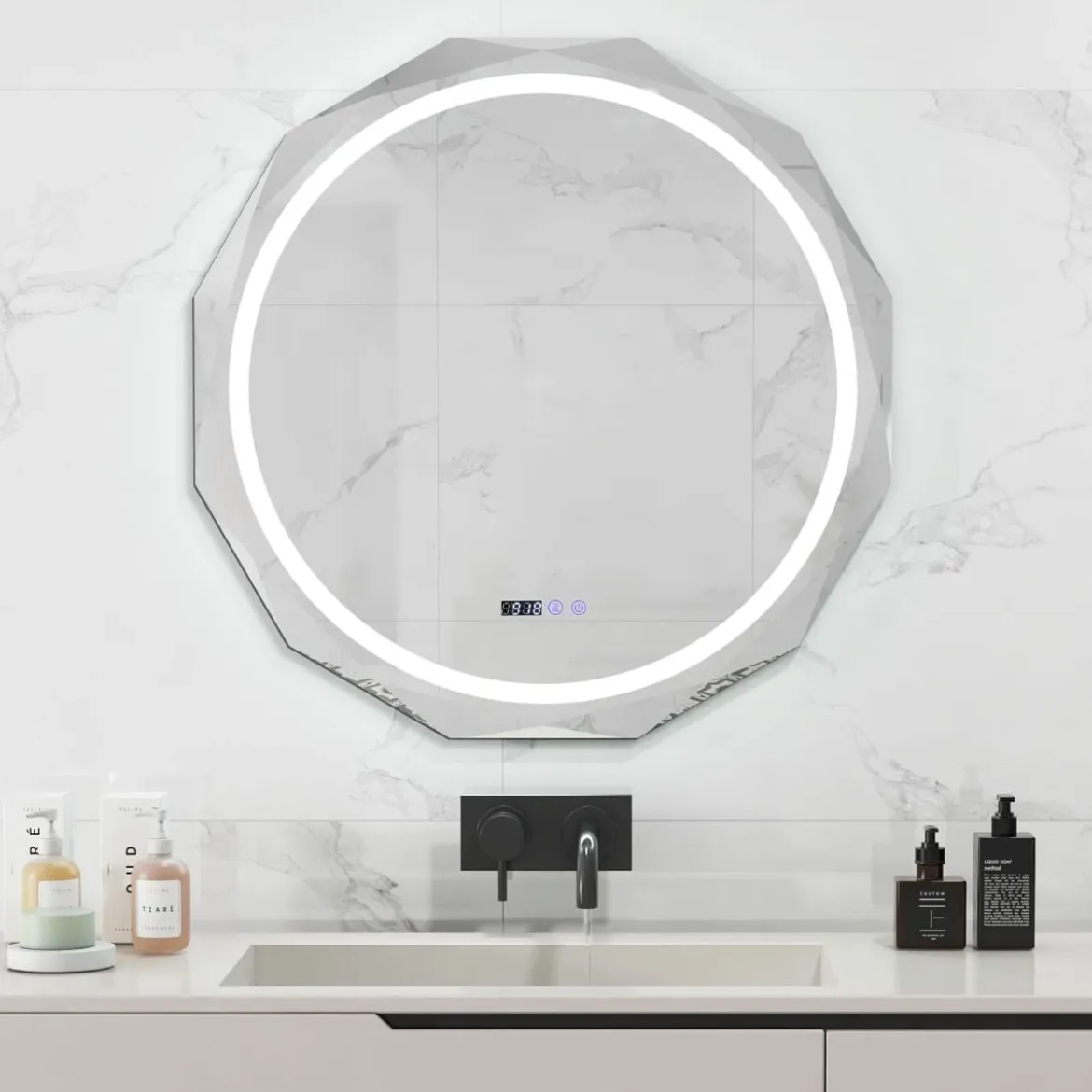 LED Badspiegel mit Beleuchtung & Uhr & Touchschalter Anti-Beschlag Badezimmerspiegel