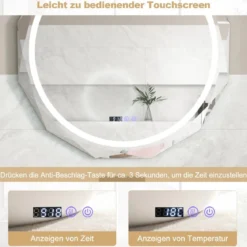 LED Badspiegel mit Beleuchtung & Uhr & Touchschalter Anti-Beschlag Badezimmerspiegel