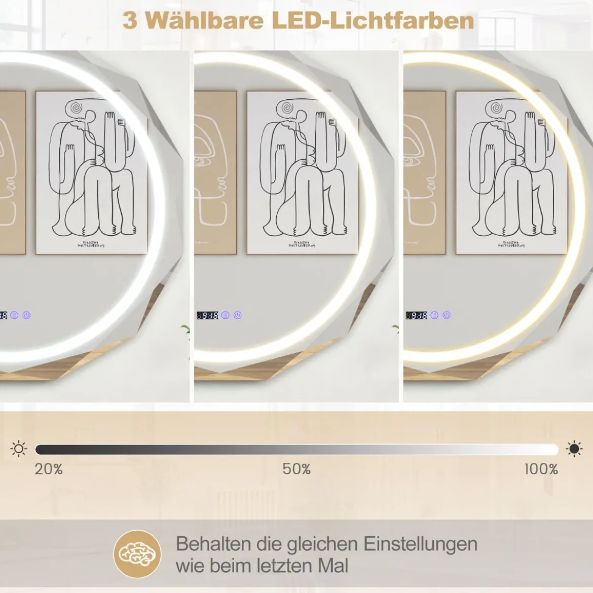 LED Badspiegel mit Beleuchtung & Uhr & Touchschalter Anti-Beschlag Badezimmerspiegel
