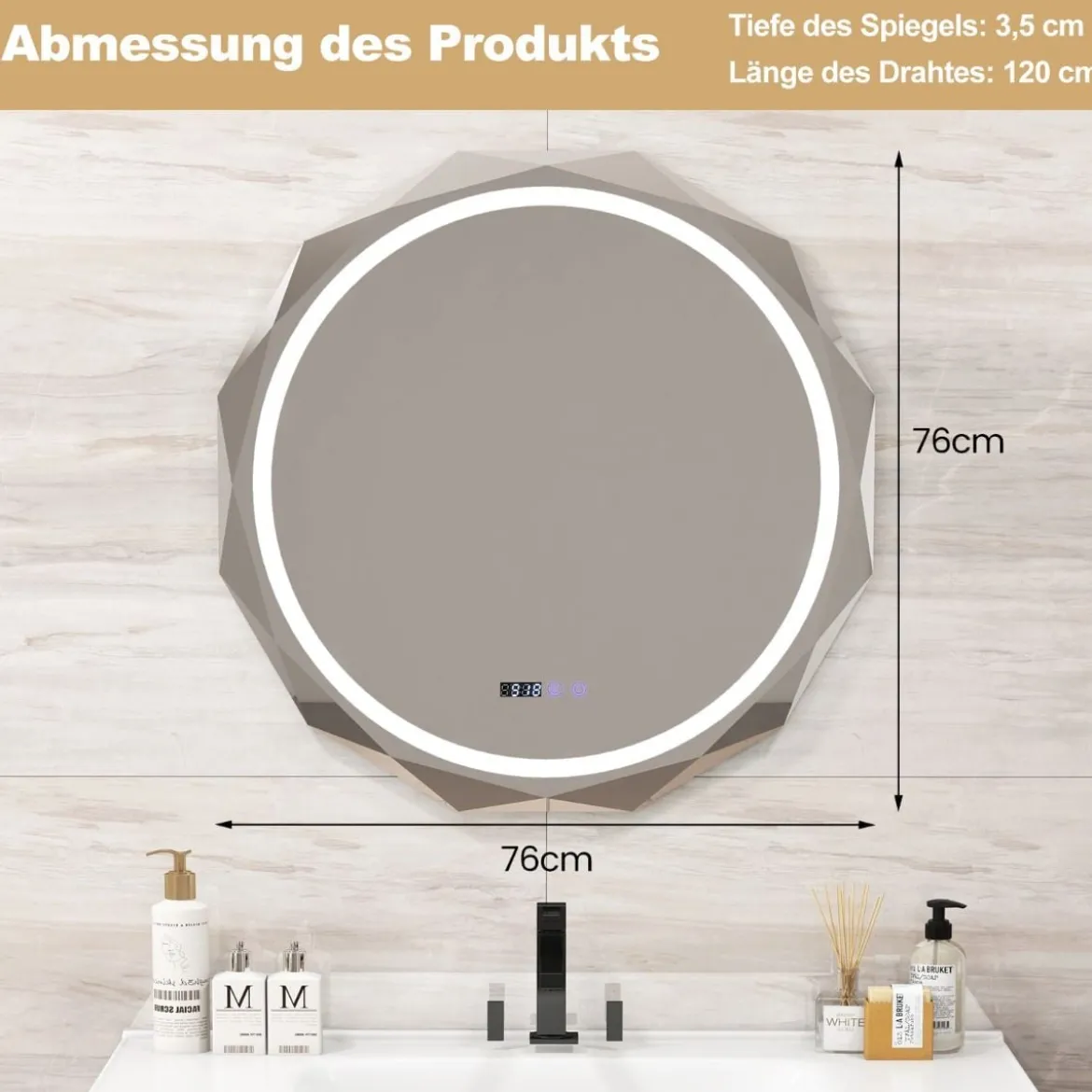 LED Badspiegel mit Beleuchtung & Uhr & Touchschalter Anti-Beschlag Badezimmerspiegel