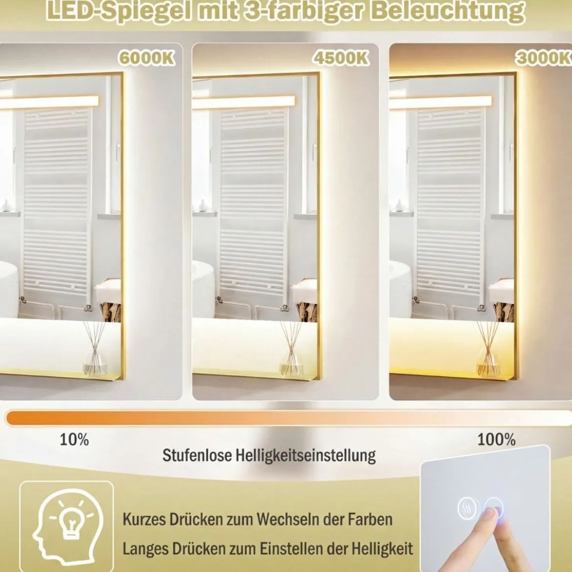 LED Badspiegel mit 3 Lichtfarben & Einstellbare Helligkeit Wandmontierter Schminkspiegel 80 x 60 cm