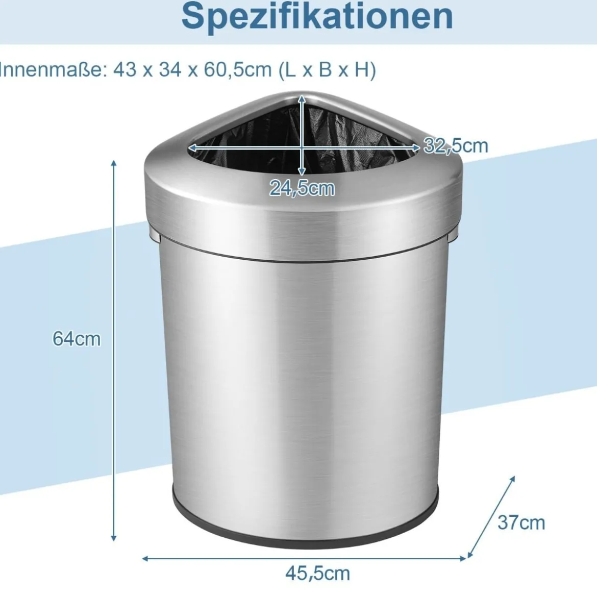 60L Edelstahl-Eckmülleimer mit Deckel & Rutschfester Unterseite Platzsparender Müllbehälter Silber
