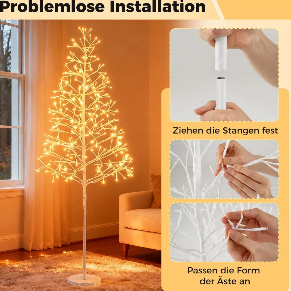 LED Lichterbaum mit Warmweißen LED-Leuchten Birkenbaum Künstlicher Weihnachtsbaum 150 cm